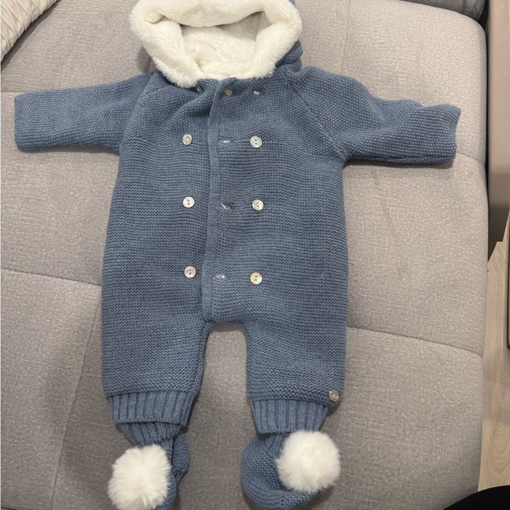 Soft Blue Knit Baby Footie with Hood